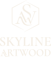 Logo Skyline ArtWood avec monogramme SAW dans un hexagone, créateur de bijoux et objets artisanaux en bois et résine