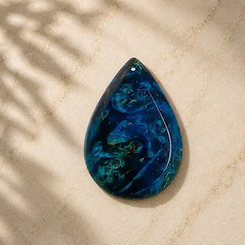 Pièce en loupe de châtaignier stabilisée bleue façonnée en forme de goutte.