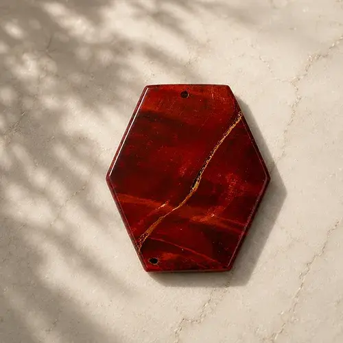 Pièce hexagonale en loupe de châtaignier stabilisée rouge après finition.
