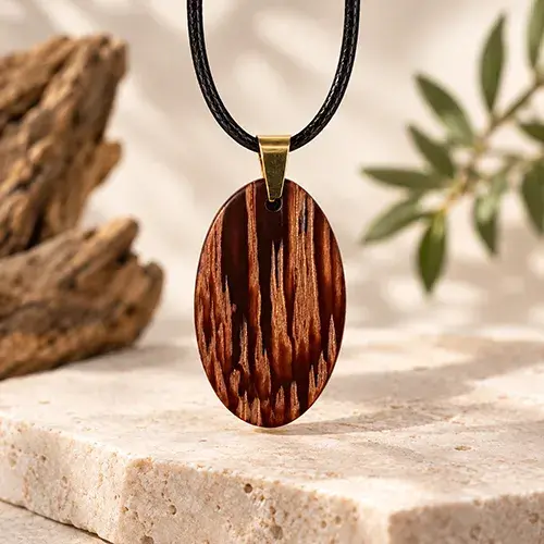 Pendentif artisanal ovale en bois exotique.